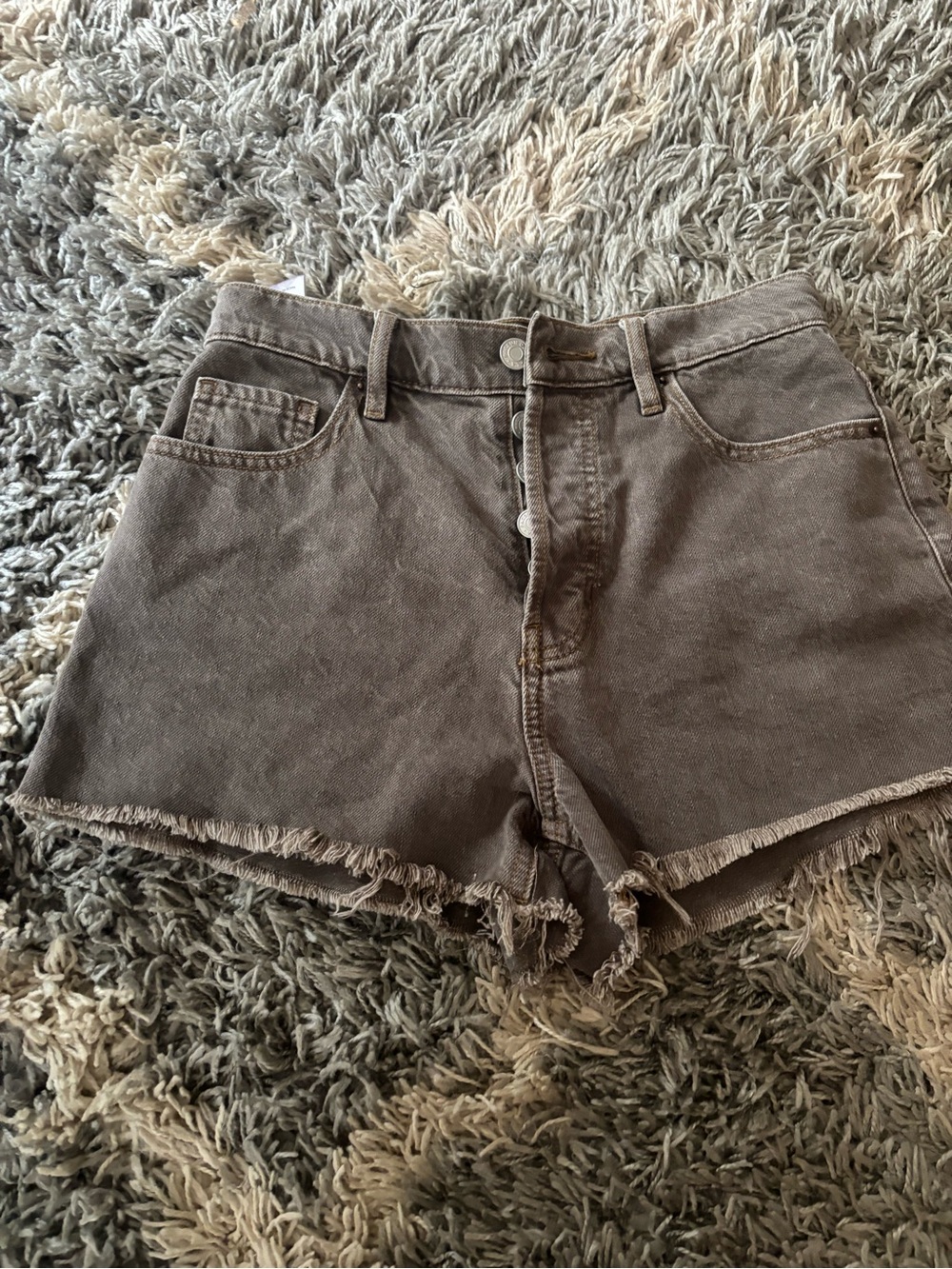 PacSun Women's High-Rise Frayed Hem Denim Shorts - Taupe Brown